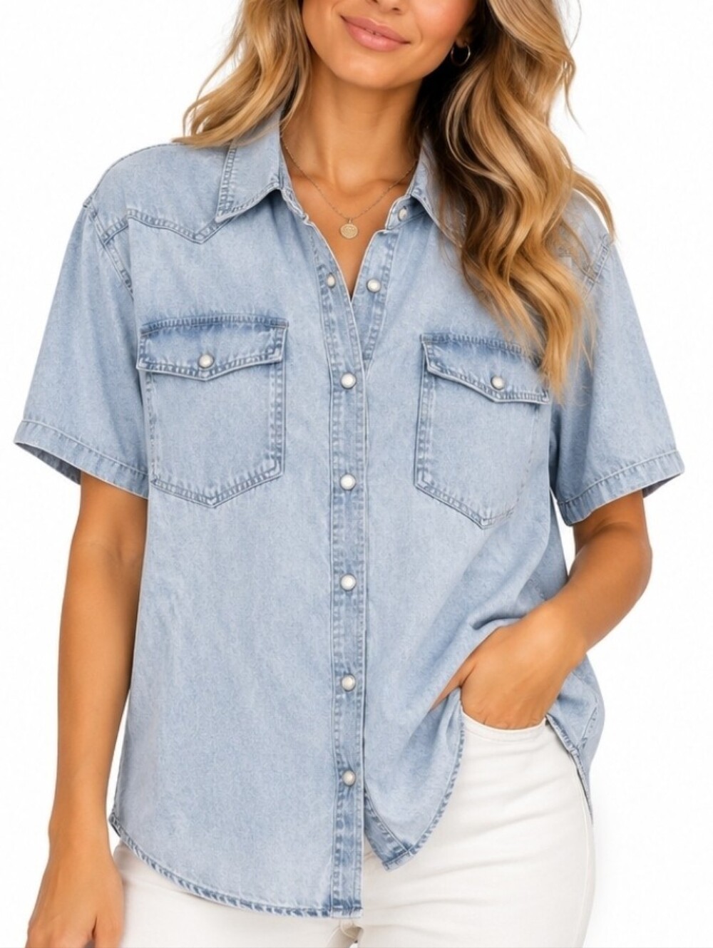 Light Blue 100% Tencel Chambray Denim Button Up Shirt Oversized Small